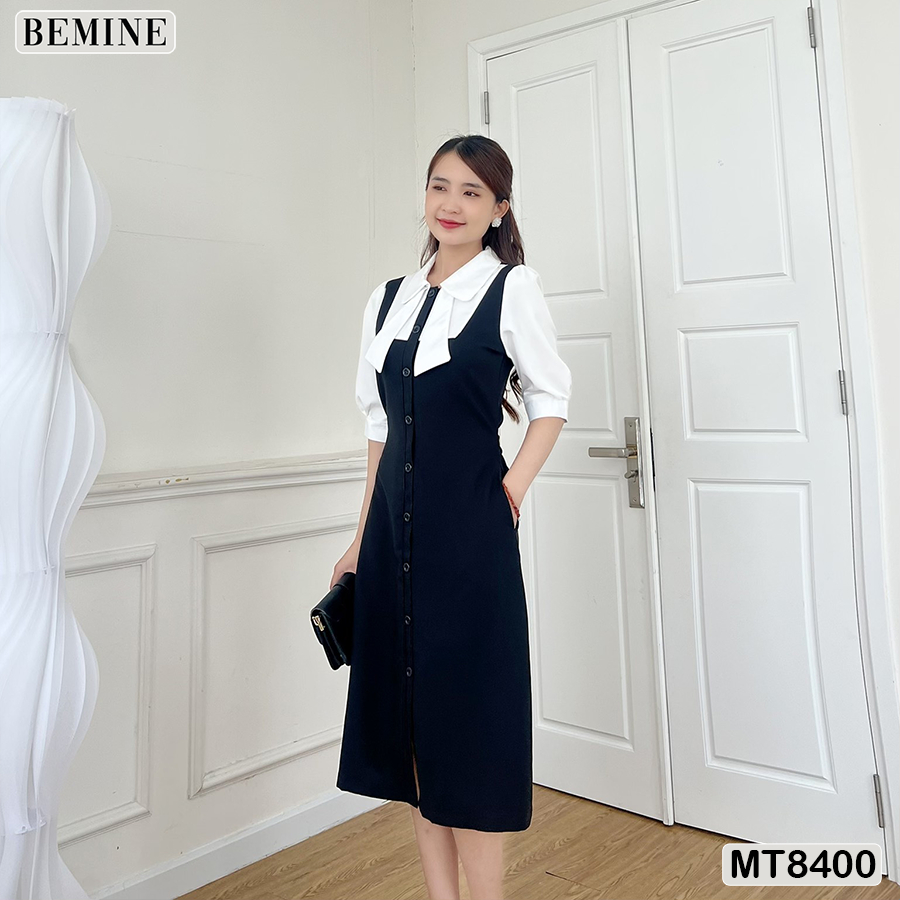 Đầm phối tay cổ sơ mi nơ BEMINE MT8400