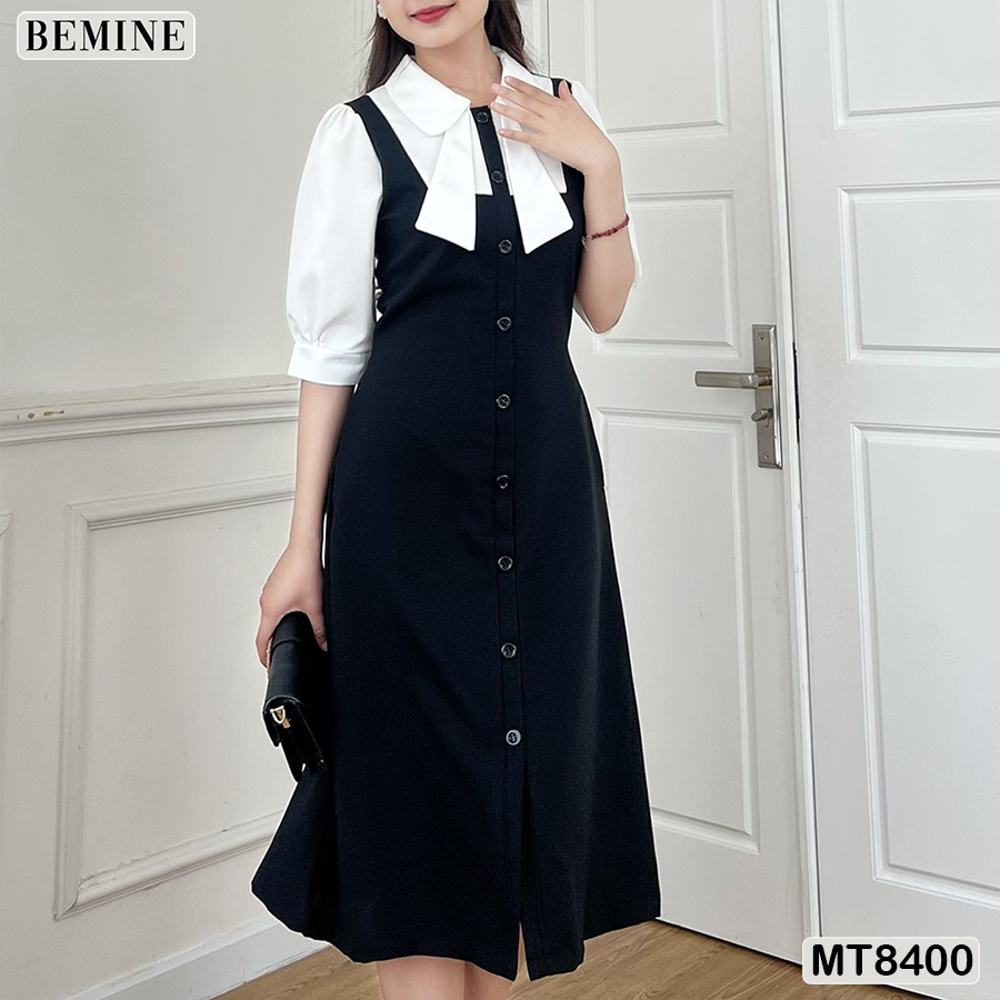 Đầm phối tay cổ sơ mi nơ BEMINE MT8400