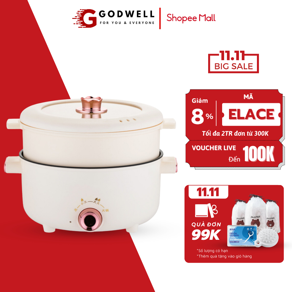 Nồi lẩu điện hàn quốc đa năng 4L kèm giá hấp tráng men chống dính dùng chiên xào nấu nướng cho gia đình GODWELL