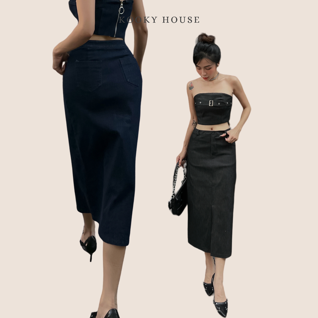 KOOKY HOUSE - CHÂN VÁY MIDI JEANS SKIRT - Chân váy jeans dáng dài xẻ tà trước
