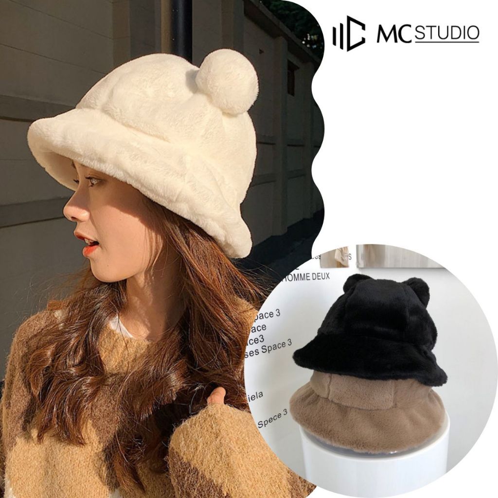 Mũ Len Tai Gấu Tròn JML25 MC STUDIO Chất Len Bông Dày Mịn Ấm Áp Nhiều Màu Đẹp Bên TRong Lót Nỉ Có Dây Rút Thu Nhỏ