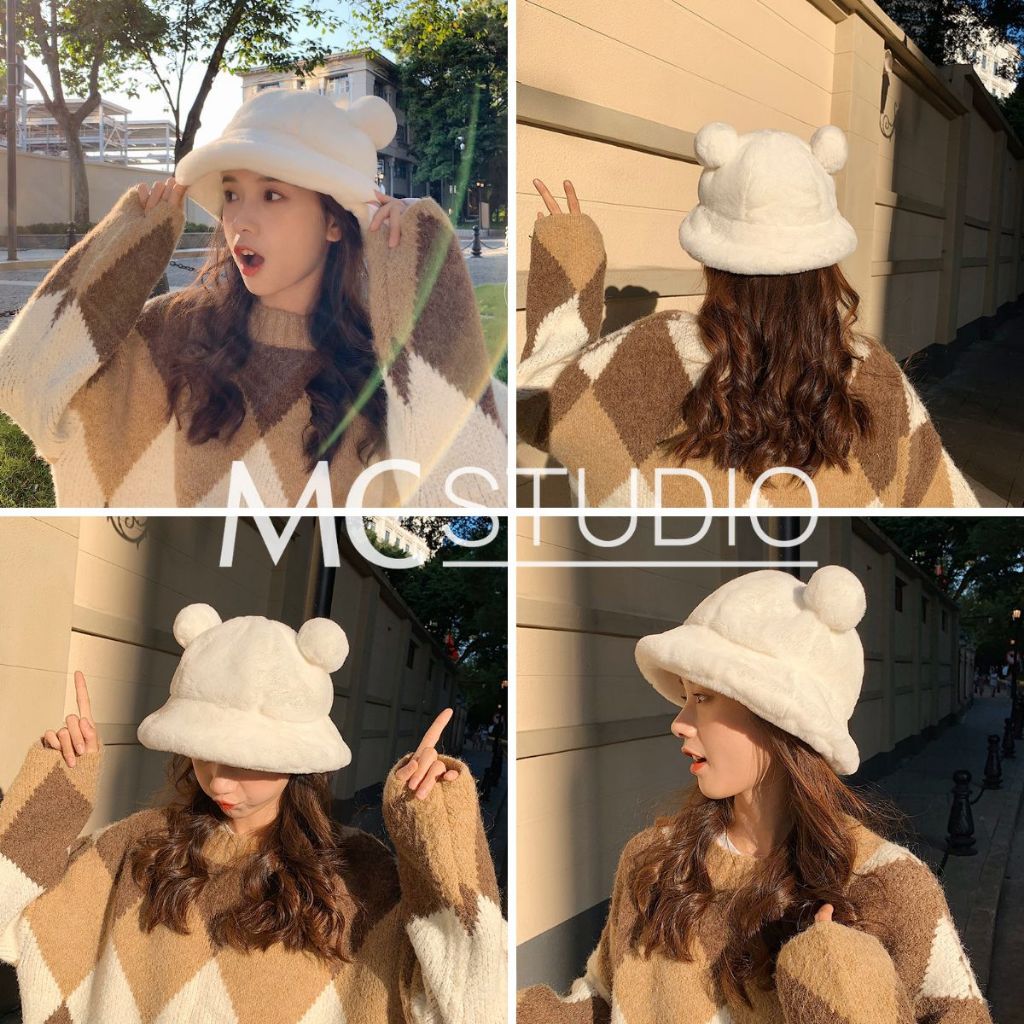 Mũ Len Tai Gấu Tròn JML25 MC STUDIO Chất Len Bông Dày Mịn Ấm Áp Nhiều Màu Đẹp Bên TRong Lót Nỉ Có Dây Rút Thu Nhỏ