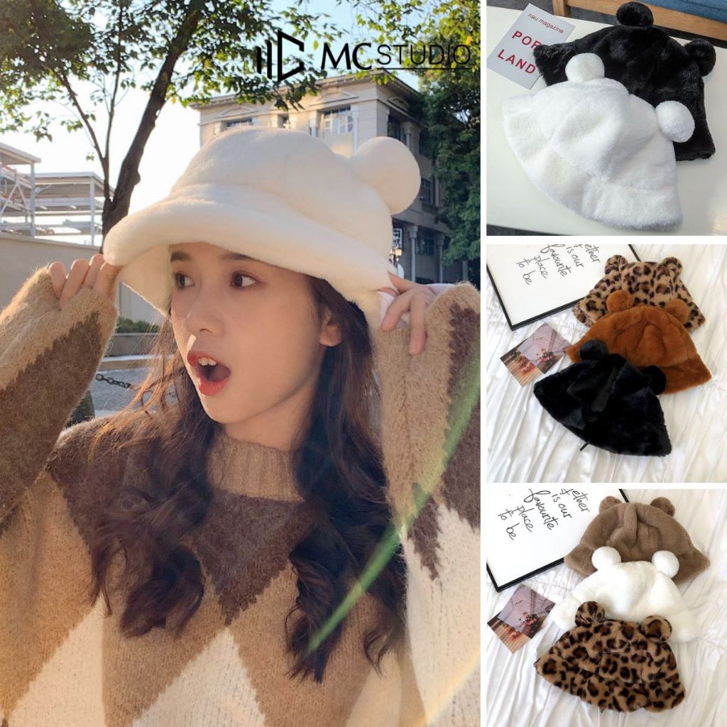 Mũ Len Tai Gấu Tròn JML25 MC STUDIO Chất Len Bông Dày Mịn Ấm Áp Nhiều Màu Đẹp Bên TRong Lót Nỉ Có Dây Rút Thu Nhỏ