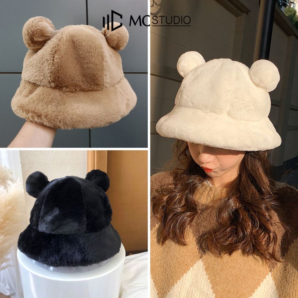 Mũ Len Tai Gấu Tròn JML25 MC STUDIO Chất Len Bông Dày Mịn Ấm Áp Nhiều Màu Đẹp Bên TRong Lót Nỉ Có Dây Rút Thu Nhỏ