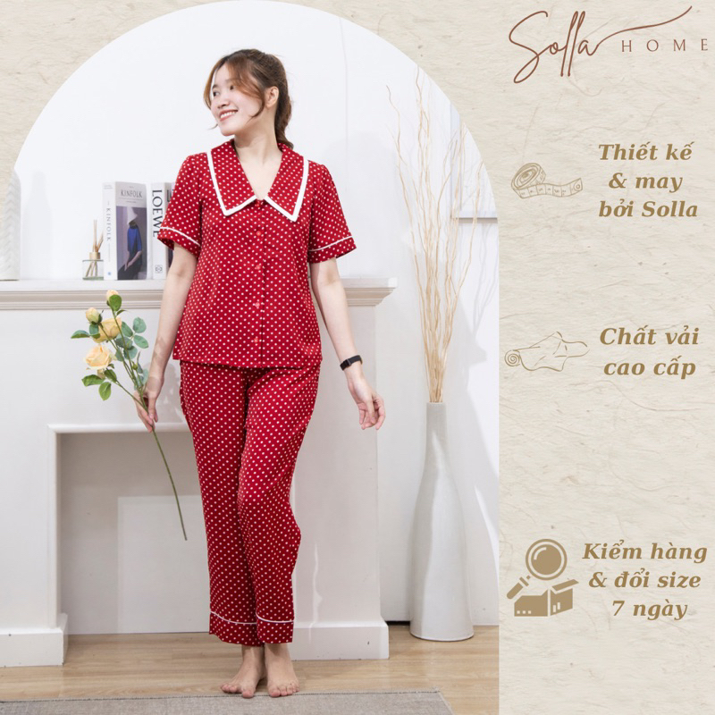 Bộ pỵjama mặc nhà lụa hàn phối viền cổ xinh Solla Home chất lụa cao cấp