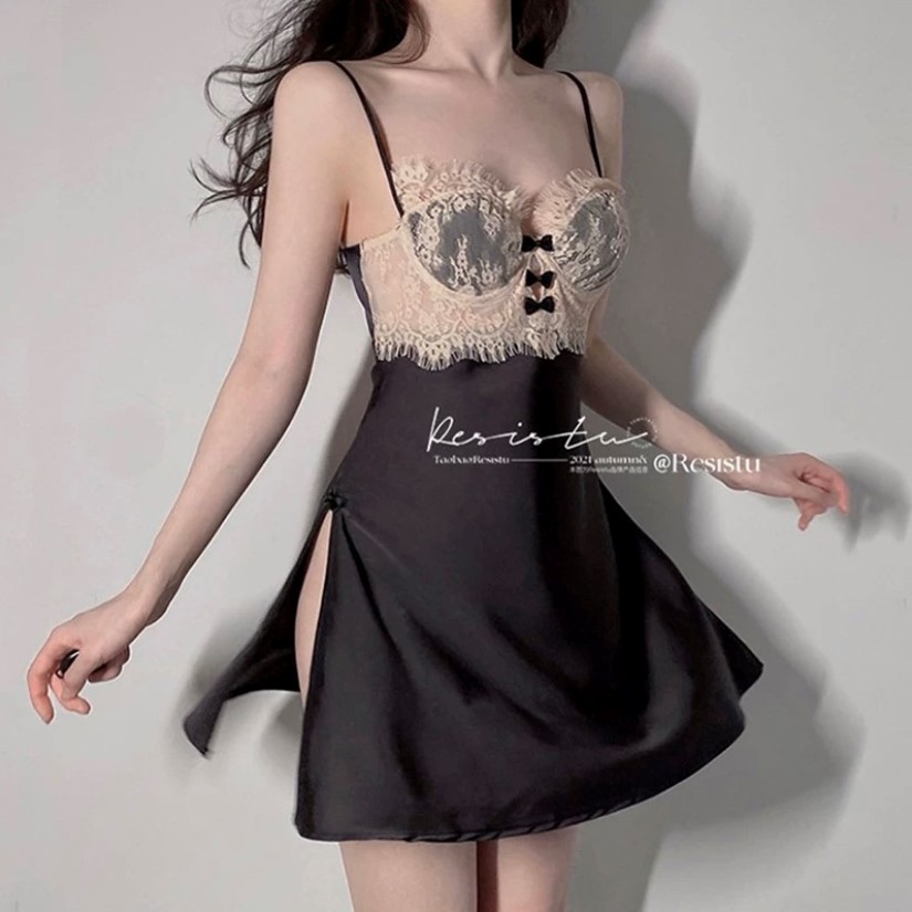 Váy ngủ lụa phối ren ngực xẻ vạt sexy THE CELYNBRA - V65