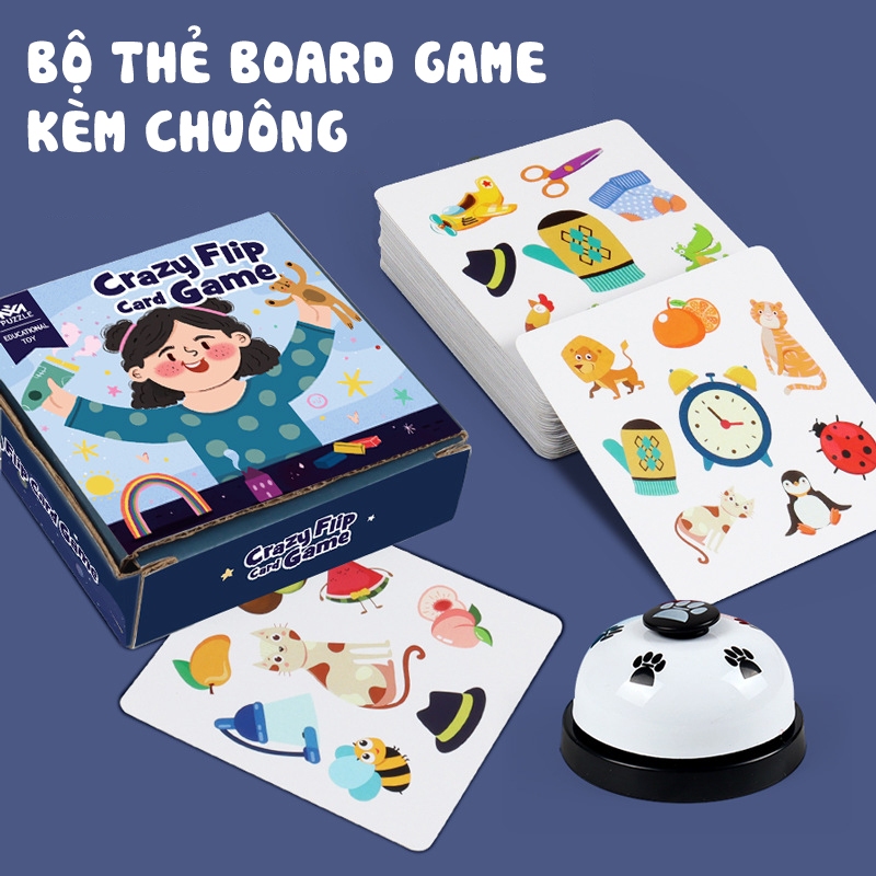 Bộ thẻ Board Game lật tìm vui nhộn kèm chuông, trò chơi lật thẻ bài Crazy Flip Card Game.