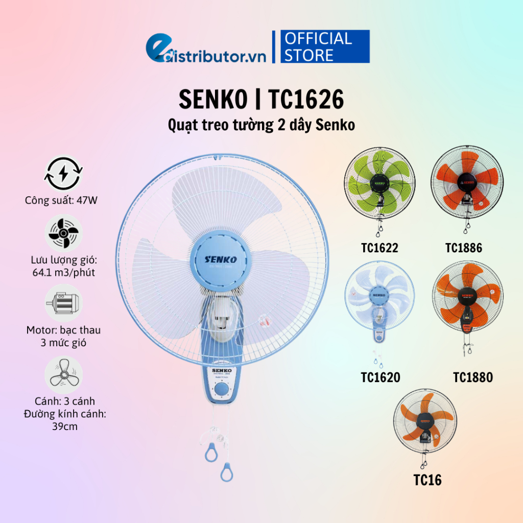 Quạt Treo Tường 2 Dây Senko TC16/TC1620/TC1622/TC1626/TC1880/TC1886 - Hàng Chính Hãng