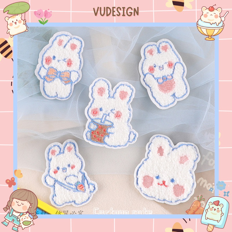Sticker Dán Vải, Sticker Ủi Thêu Quần Áo, Balo Hoạ Tiết Thỏ Trắng Bunny Vudesign