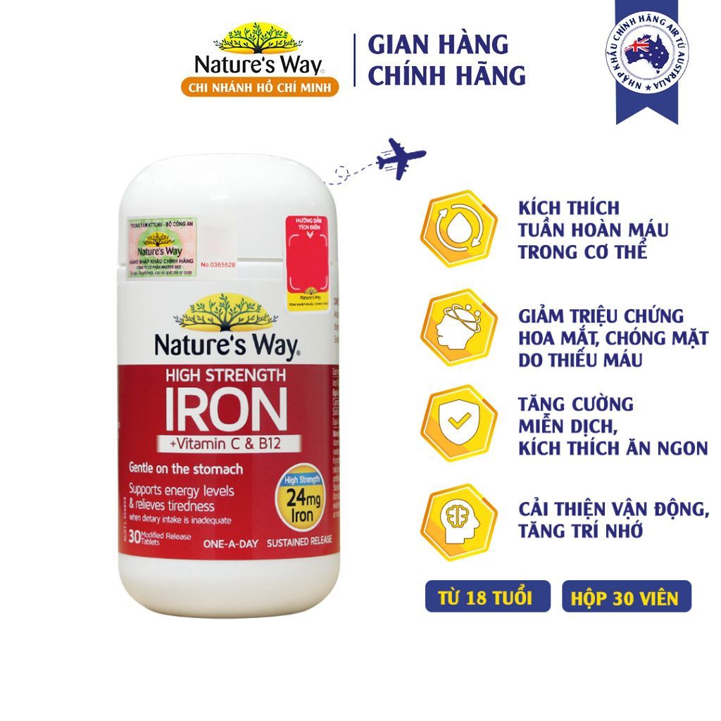 Viên Uống Nature’s Way High Strength Iron + Vitamin C B12 Bổ Sung Sắt Hữu Cơ Cho Người Lớn Hàm Lượng Cao 24mg 30 Viên