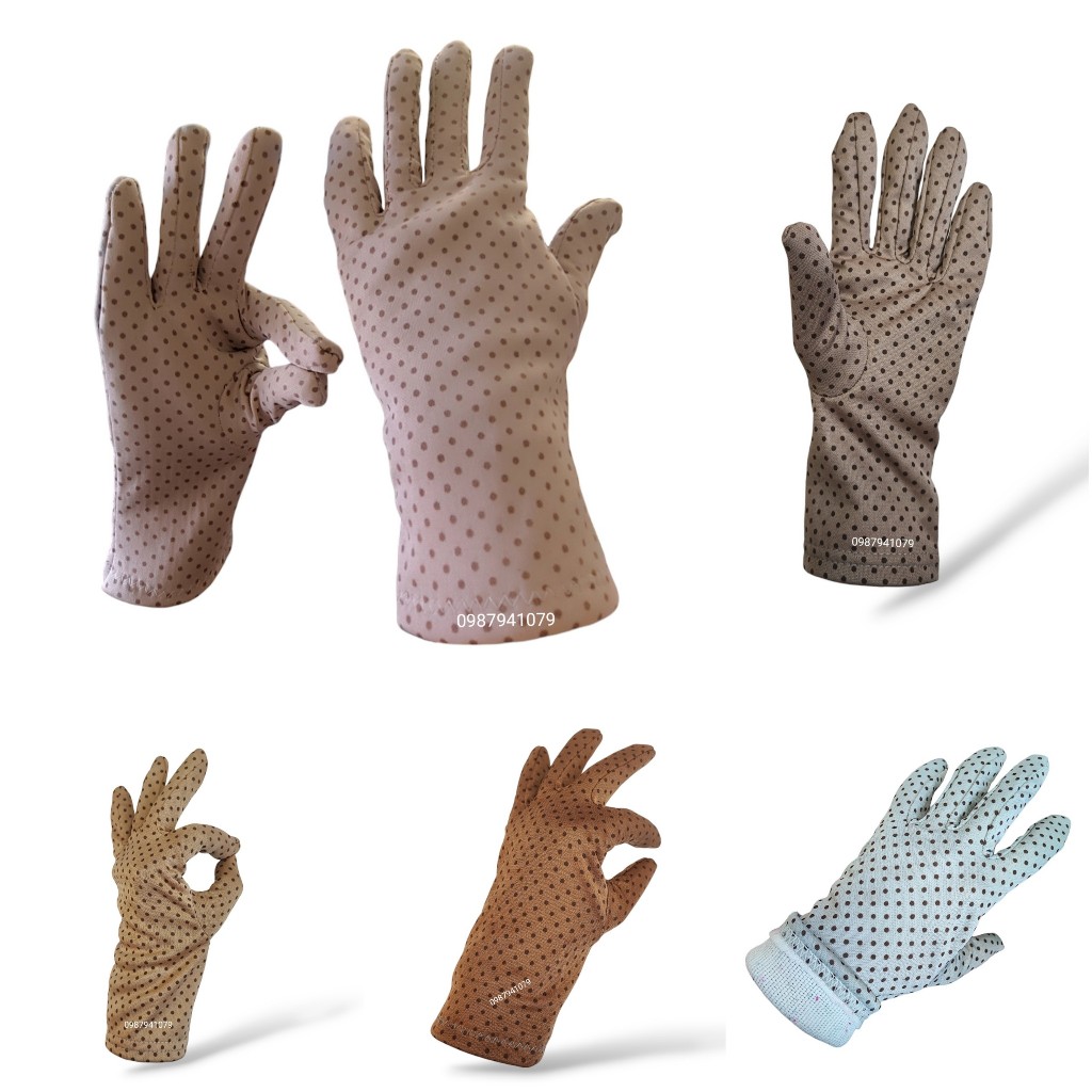 Găng tay chống nắng, bao tay nữ họa tiết chấm bi nhiều màu, 2 lớp vải thun lạnh dài 25cm