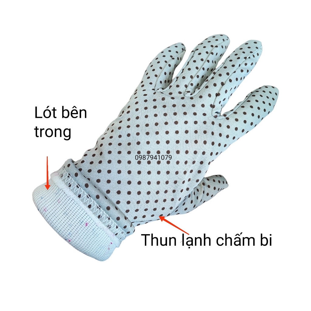 Găng tay chống nắng, bao tay nữ họa tiết chấm bi nhiều màu, 2 lớp vải thun lạnh dài 25cm
