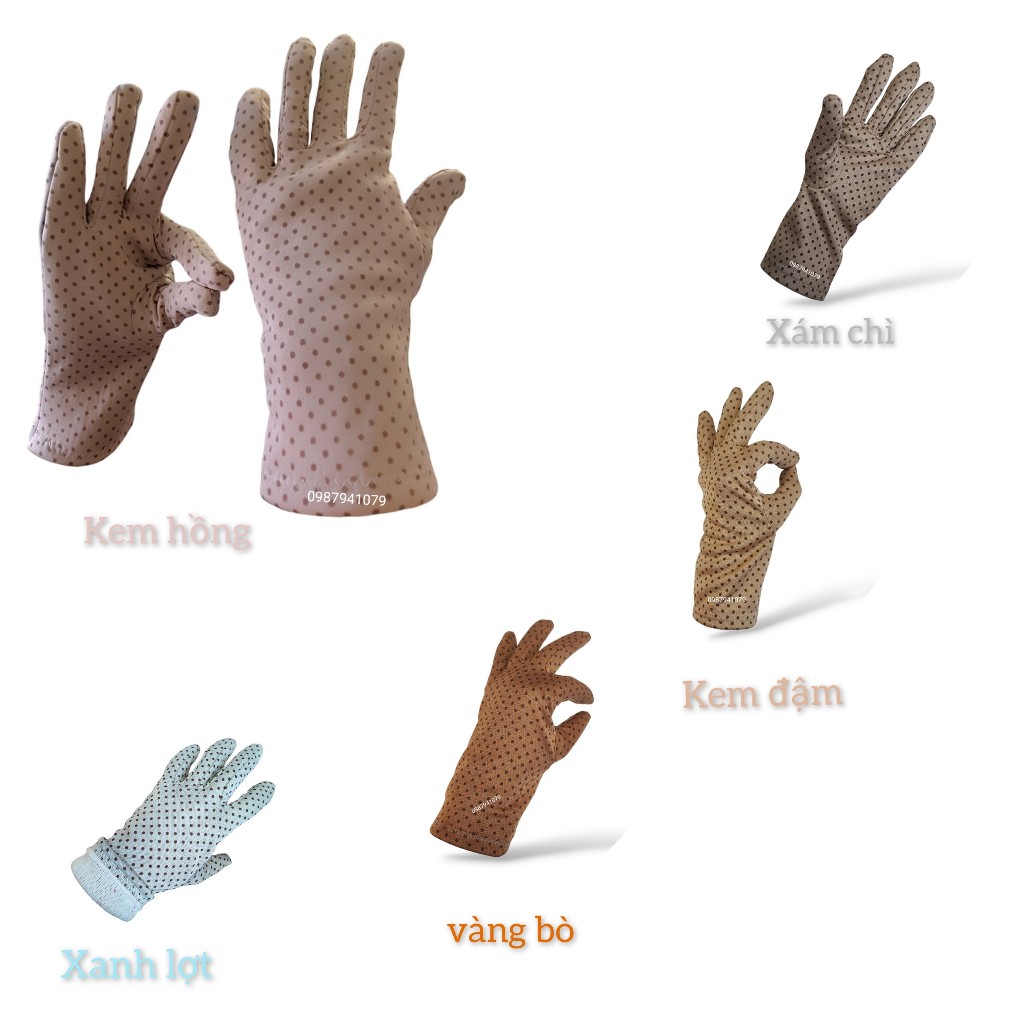 Găng tay chống nắng, bao tay nữ họa tiết chấm bi nhiều màu, 2 lớp vải thun lạnh dài 25cm