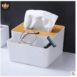 Hộp đựng giấy ăn vuông để bàn ăn 2 ngăn đựng đồ thông minh nắp gỗ decor