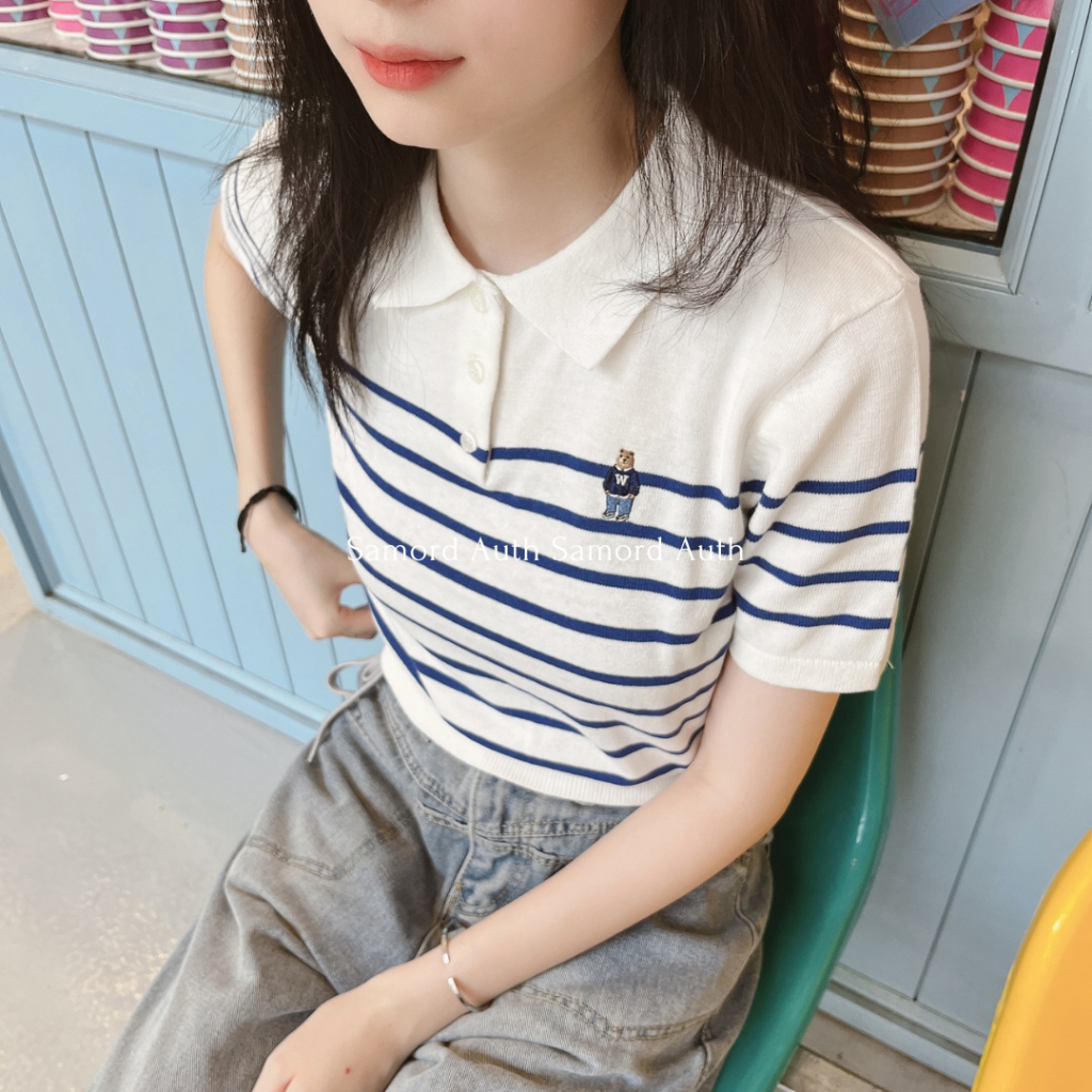 Áo thun len tay ngắn kẻ ngang Whoau WHKAD2431F cotton 100% mềm mịn chính hãng sale