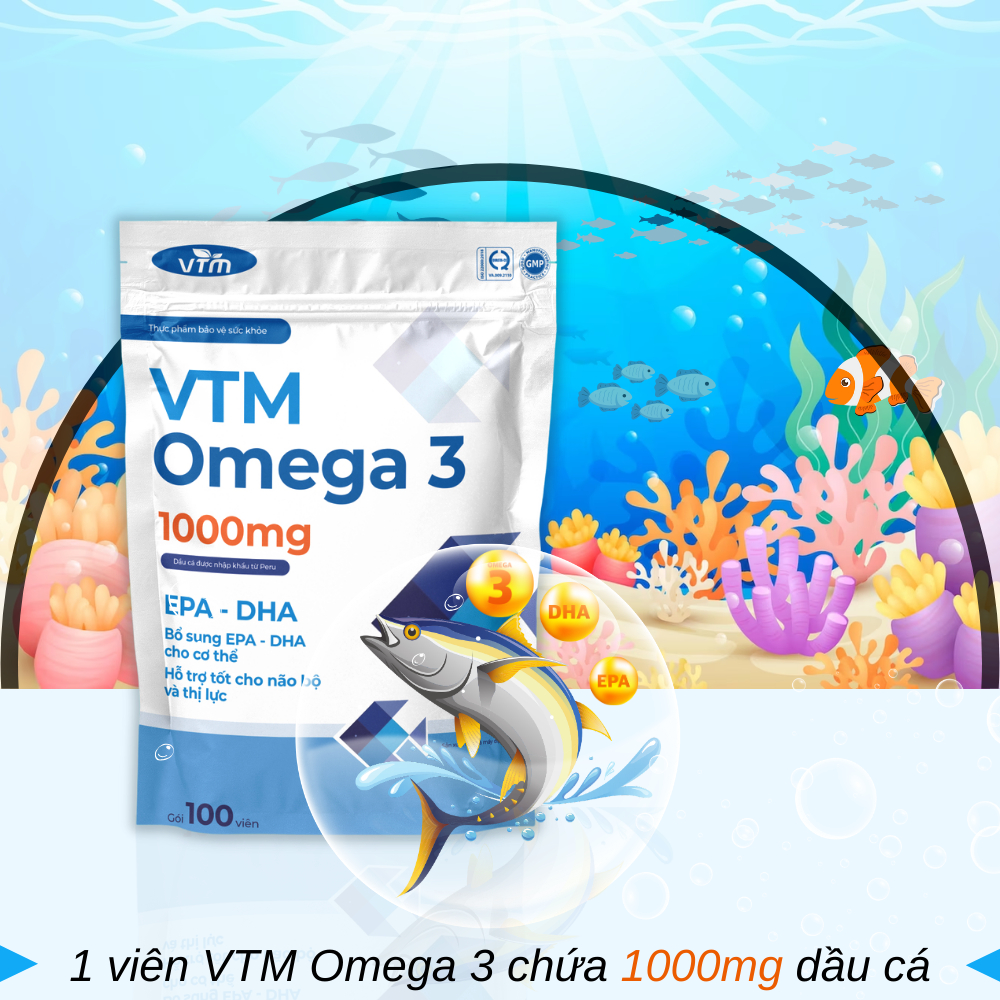 Viên uống dầu cá VTM Omega 3 hỗ trợ não bộ và thị lực - gói 100 viên