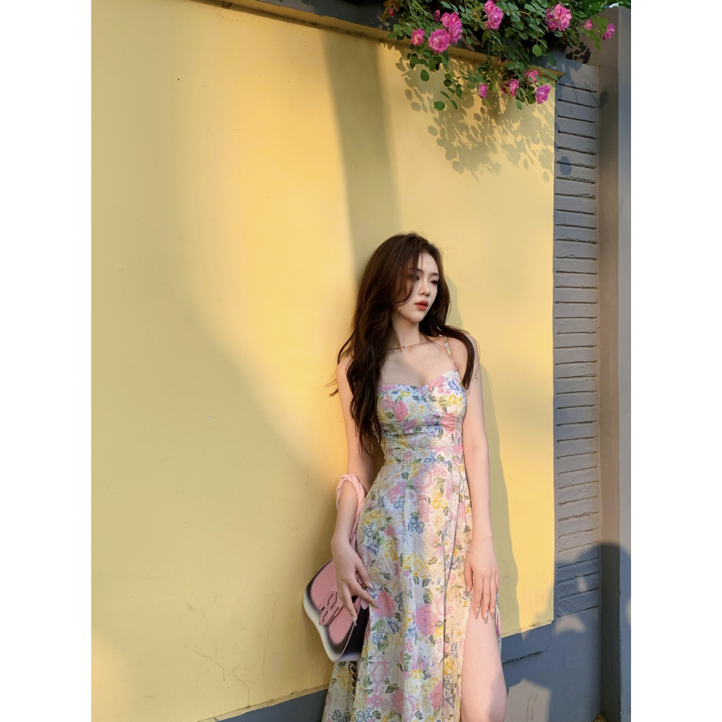 Váy maxi 2 dây hoa nhí tông hồng xẻ tà đùi - MS219