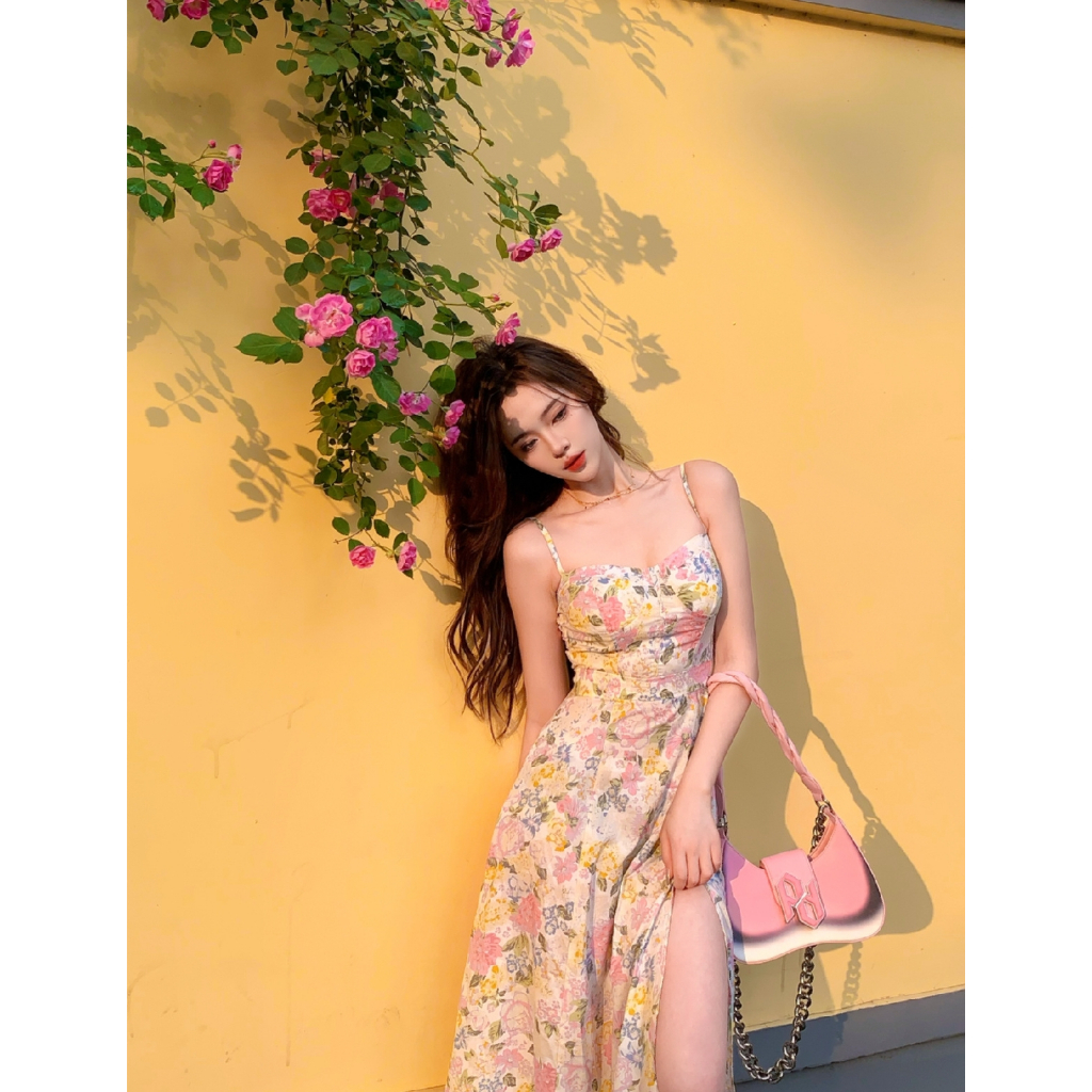 Váy maxi 2 dây hoa nhí tông hồng xẻ tà đùi - MS219