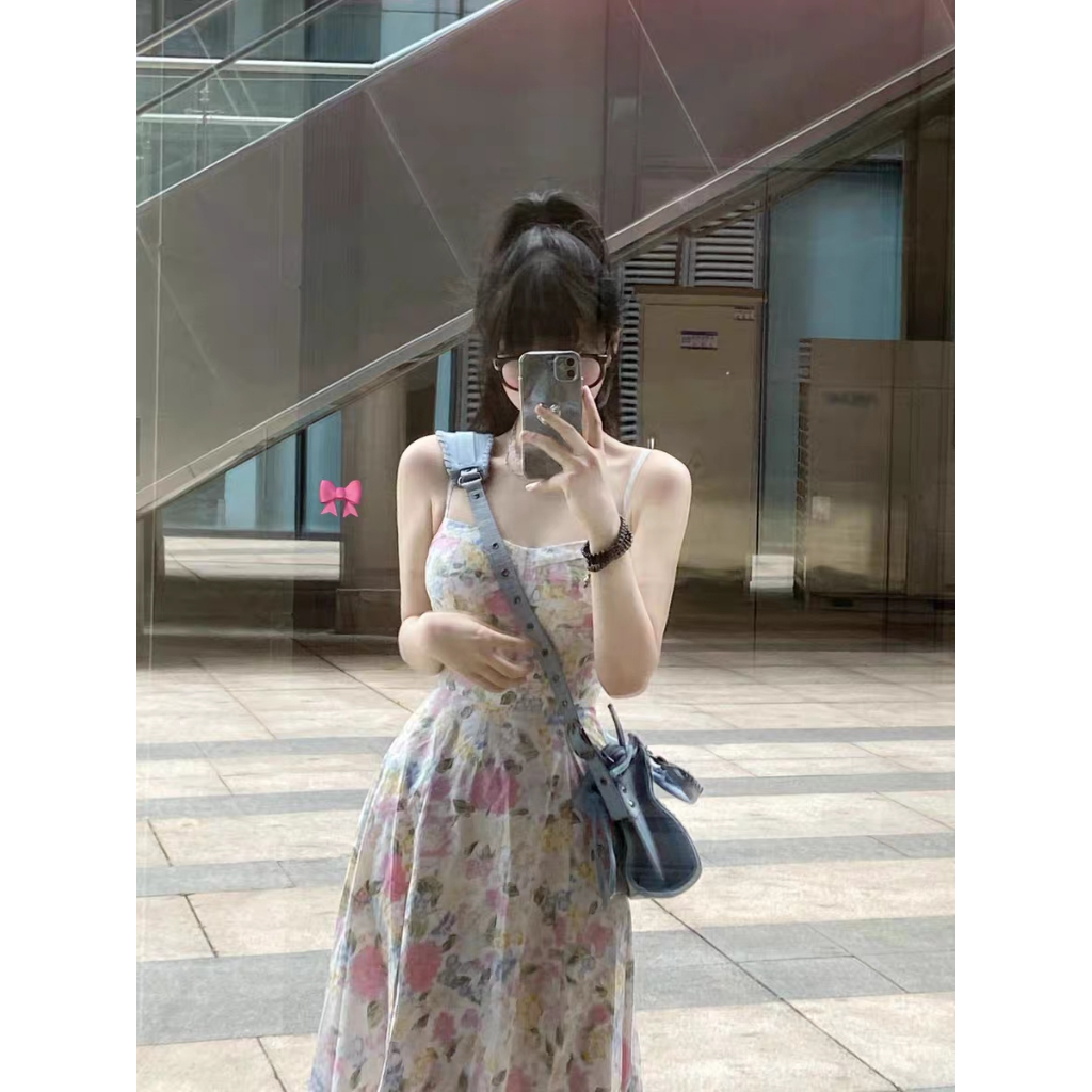 Váy maxi 2 dây hoa nhí tông hồng xẻ tà đùi - MS219