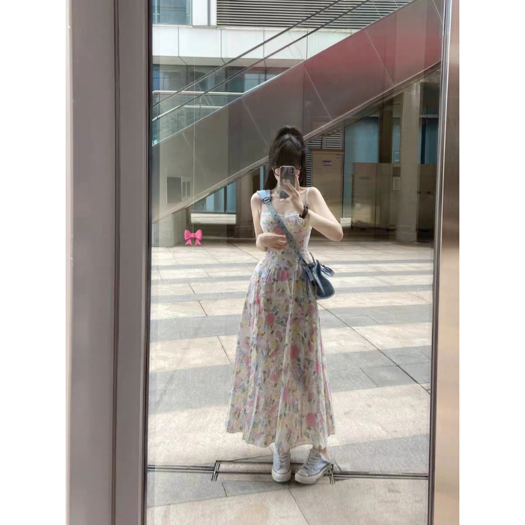 Váy maxi 2 dây hoa nhí tông hồng xẻ tà đùi - MS219