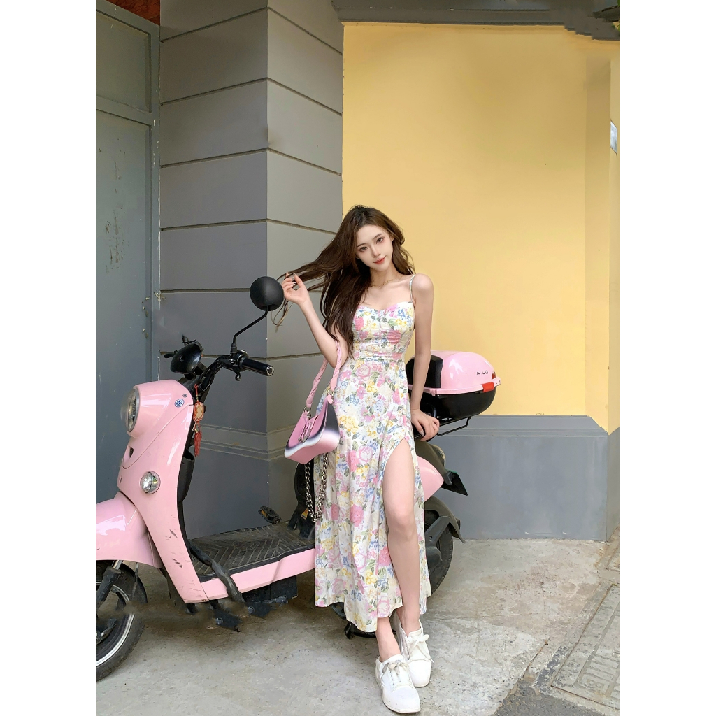 Váy maxi 2 dây hoa nhí tông hồng xẻ tà đùi - MS219