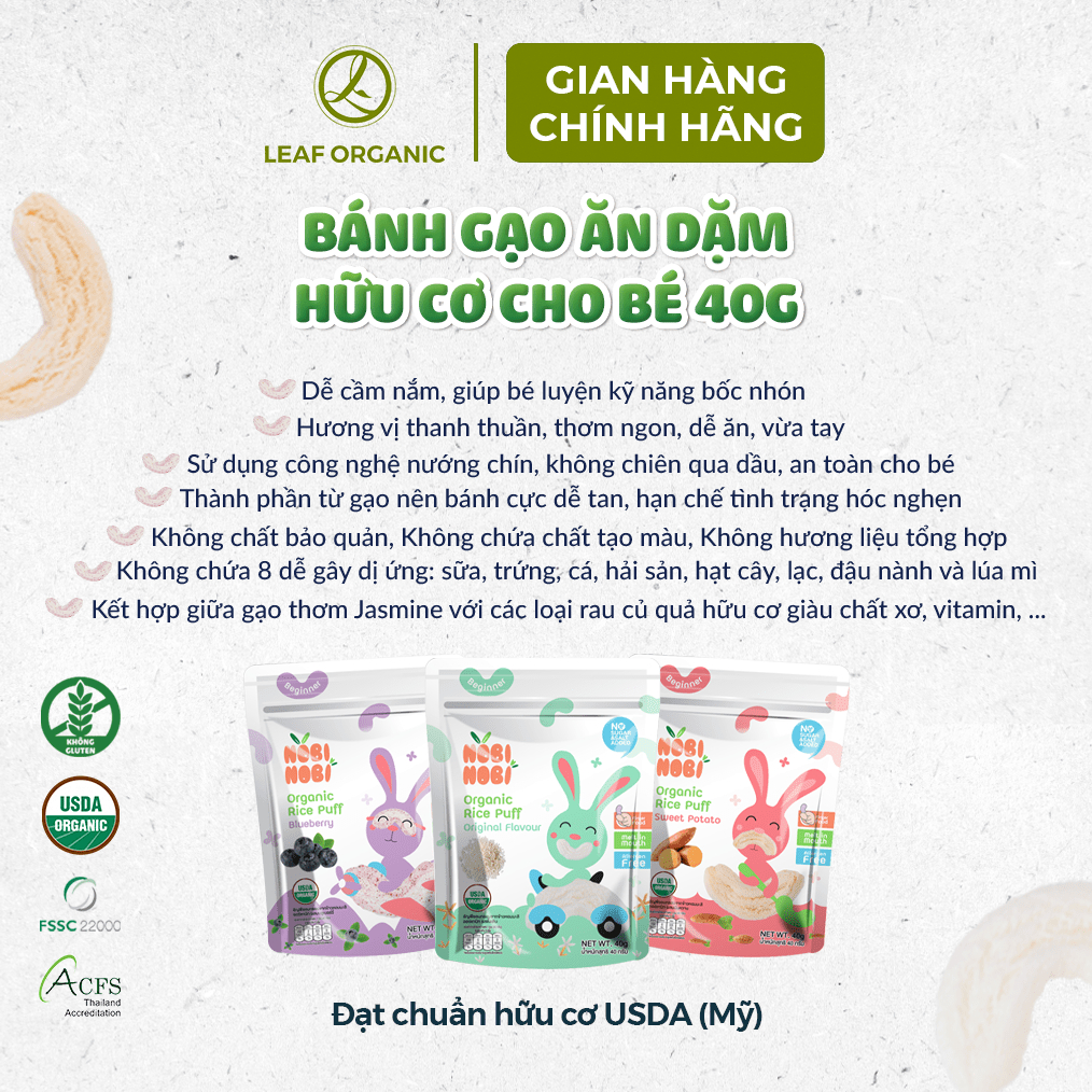 BÁNH GẠO ĂN DẶM HỮU CƠ Nobi Nobi 40g - CHO BÉ TỪ 6 THÁNG TUỔI