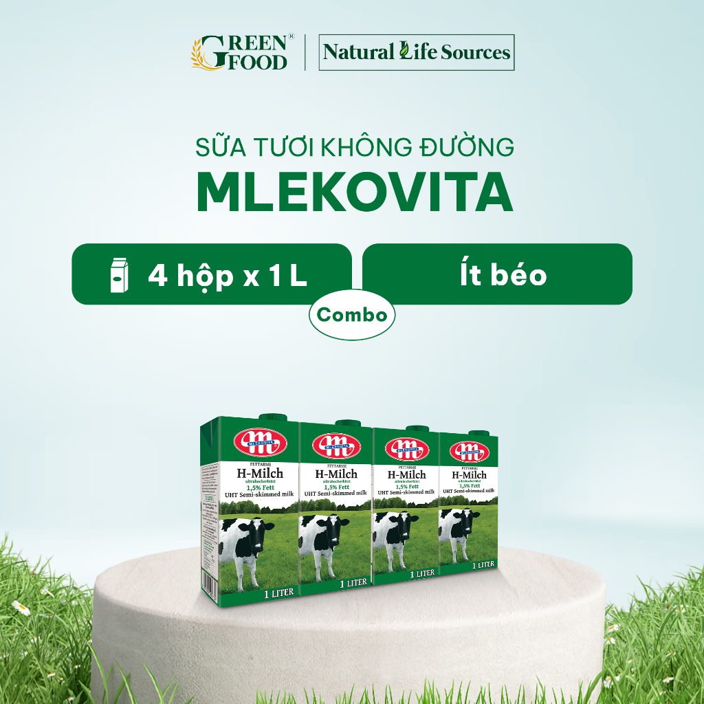 Combo 4 Hộp Sữa Tươi Tiệt Trùng Mlekovita Ít Béo 1L - 1.5% Béo, Phù Hợp Ăn Kiêng, Hỗ Trợ Giảm Cân, Nhập Khẩu từ Ba Lan