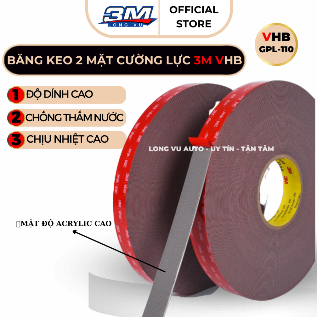 Băng keo 2 mặt cường lực 3M VHB GPL 110 siêu dính, chống thấm nước, chịu nhiệt tốt.. - 3M Long Vu