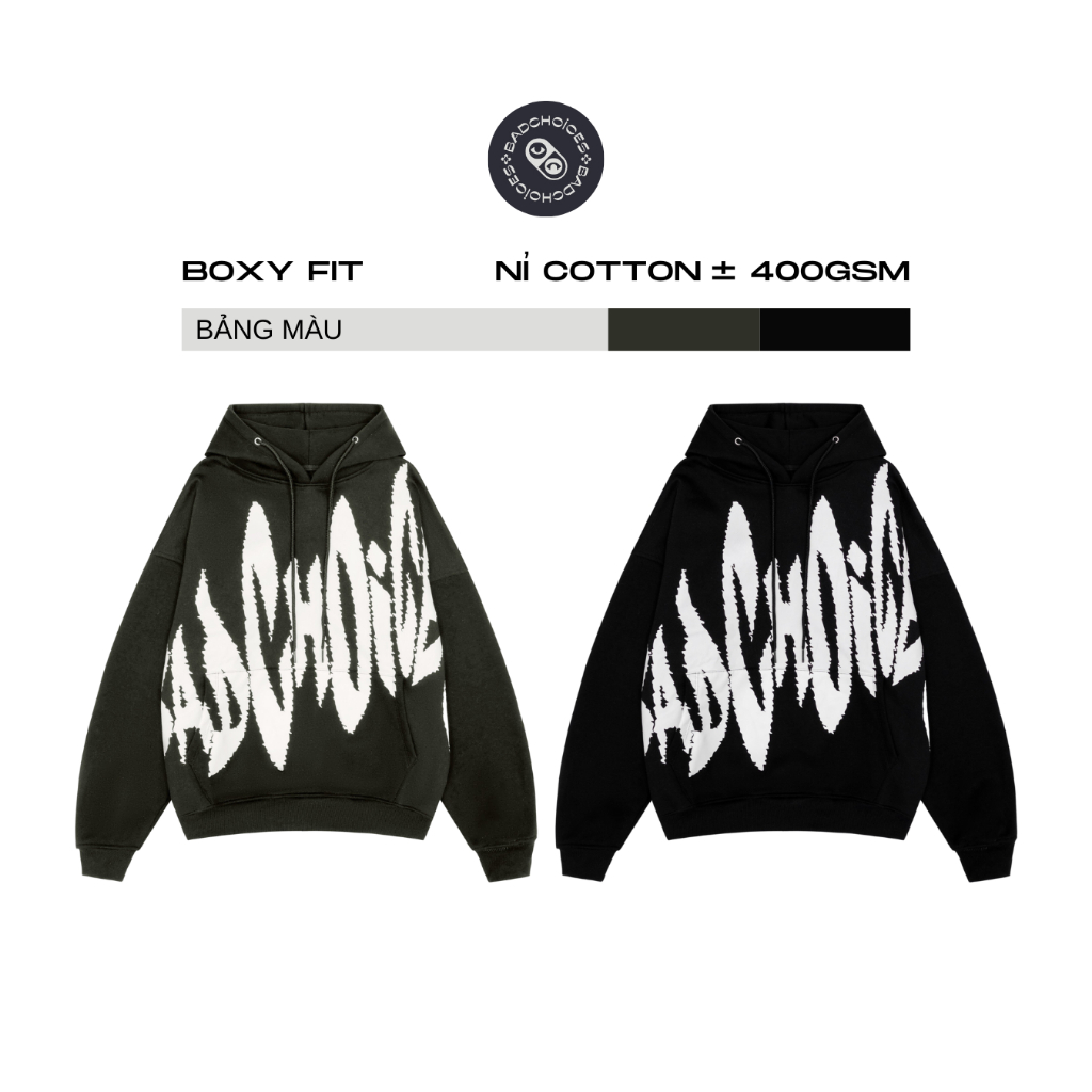 Áo Hoodie chui đầu chữ IN NGHIÊNG form BOXY brand BAD CHOICES chất nỉ cotton form unisex