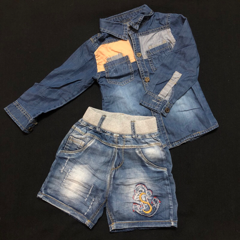 Set áo sơmi tay dài quần short jeans denim cho bé trai