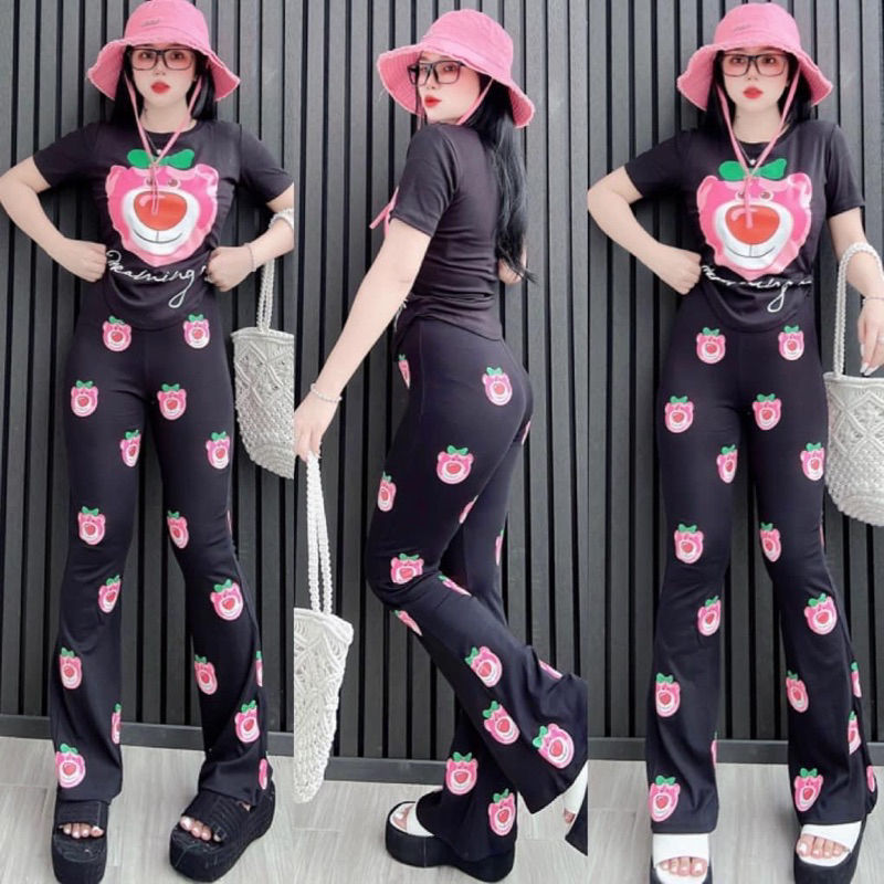 Set thun gấu, set gân in gấu quần loe ảnh thật trải sàn hot maN