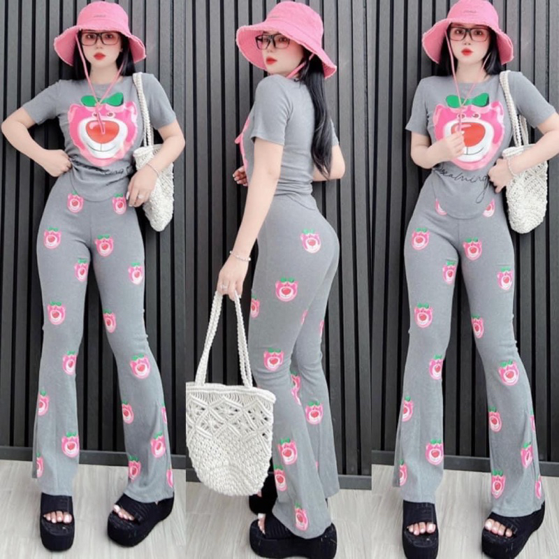 Set thun gấu, set gân in gấu quần loe ảnh thật trải sàn hot maN