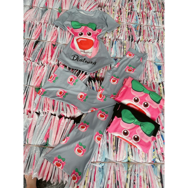 Set thun gấu, set gân in gấu quần loe ảnh thật trải sàn hot maN