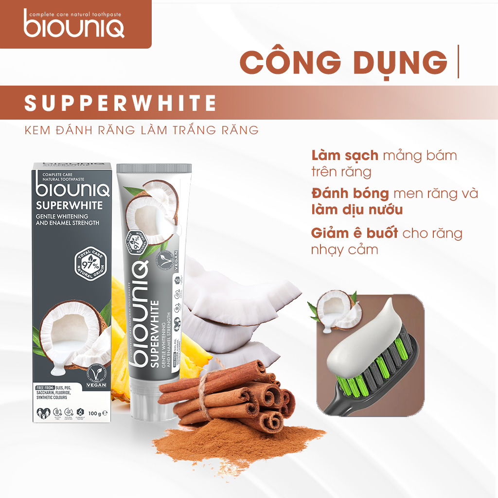 Kem Đánh Răng Làm Trắng Răng Cho Răng Nhạy Cảm BIOUNIQ Super White Giúp Phục Hồi Men Răng, Giảm Ê Buốt