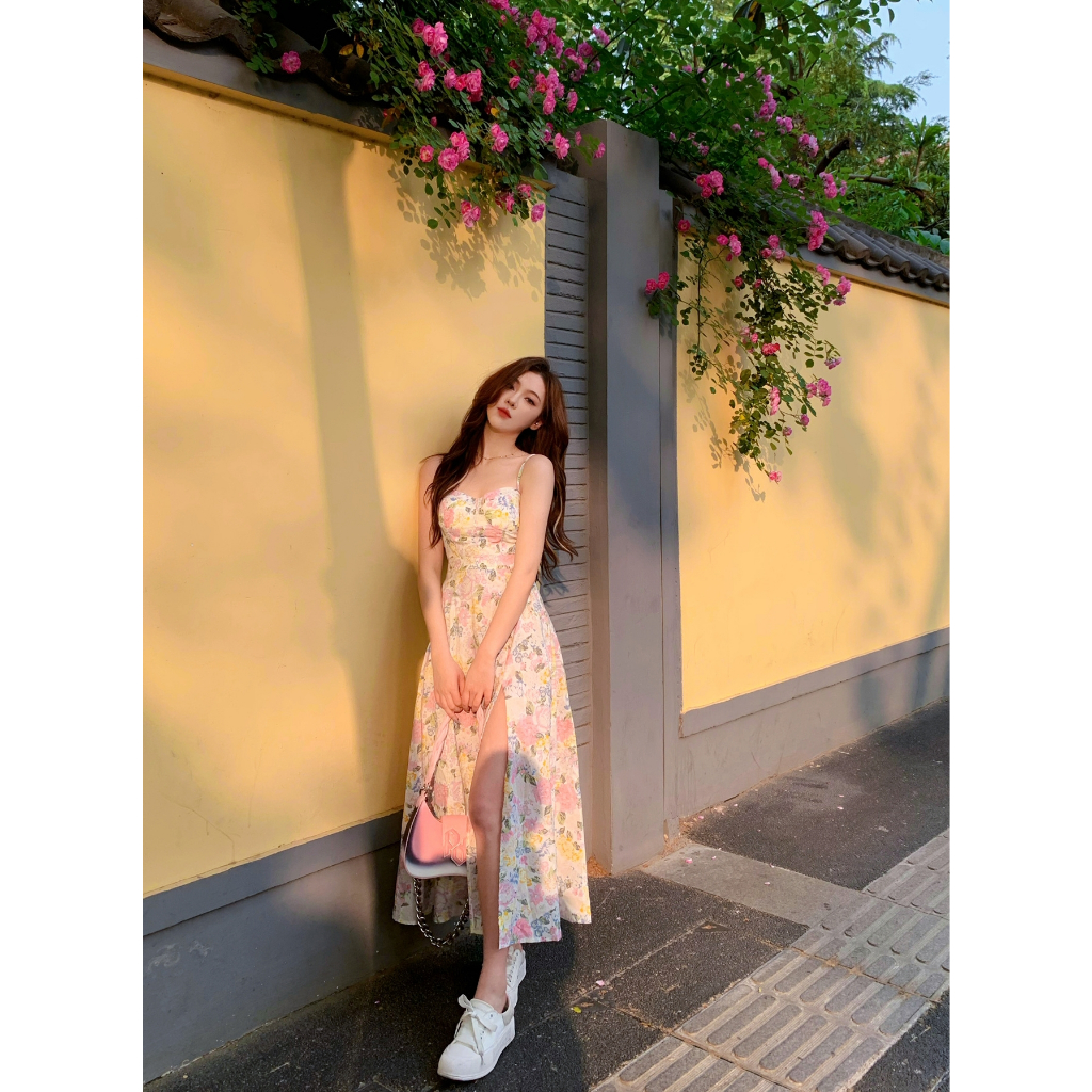 Váy maxi 2 dây hoa nhí tông hồng xẻ tà đùi - MS219