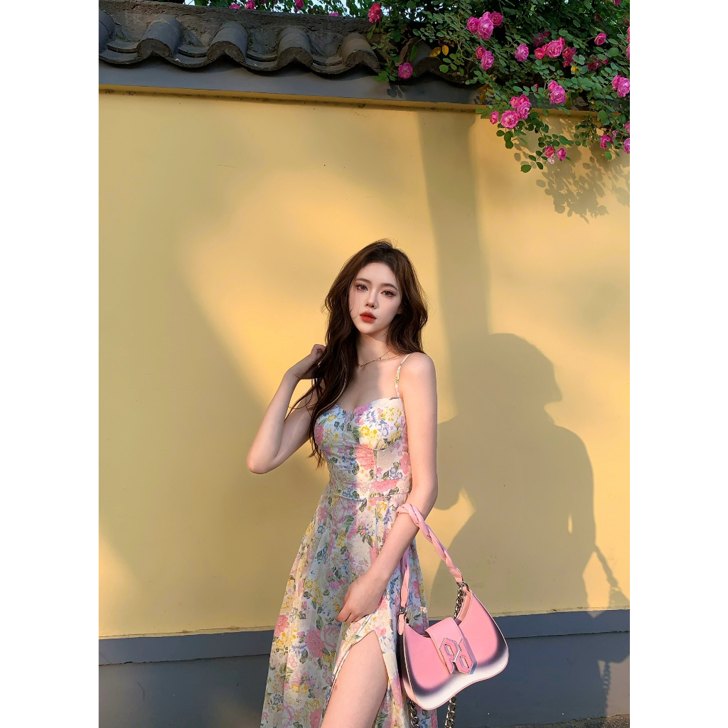 Váy maxi 2 dây hoa nhí tông hồng xẻ tà đùi - MS219