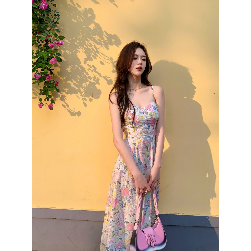 Váy maxi 2 dây hoa nhí tông hồng xẻ tà đùi - MS219