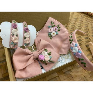 Set nơ bờm kẹp tóc thêu tay màu hồng dành cho bé gái