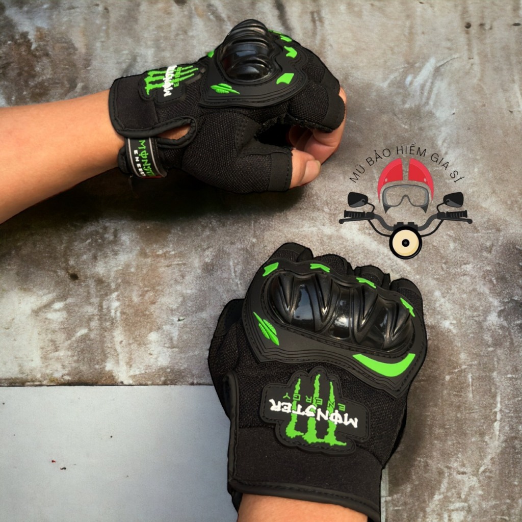 Găng tay xe máy gù nhựa cụt ngón monster Găng Tay giúp bảo vệ tay khỏi bị trầy xước lái xe đường dài đi phượt