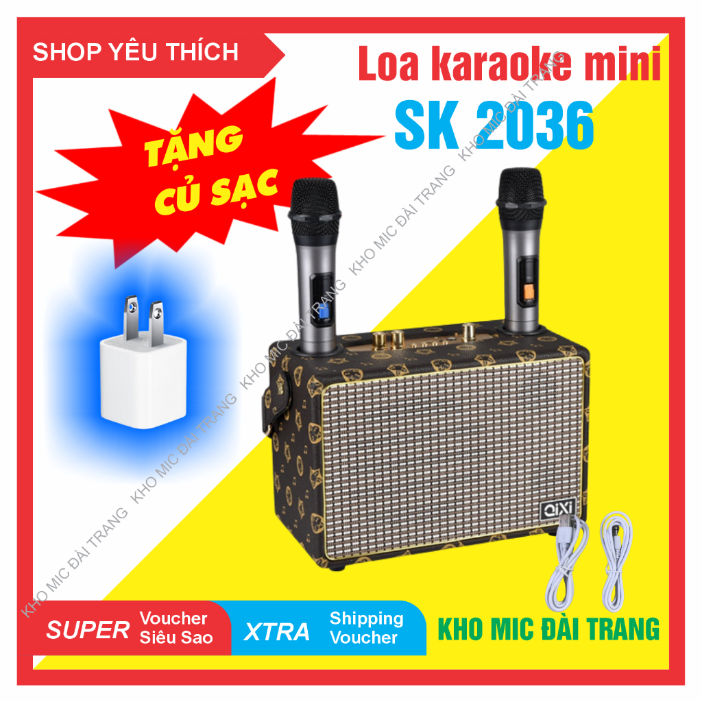 Loa karaoke mini Qixi SK 2036 kèm 2 micro không dây -TẶNG Kèm củ sạc chình hãng - kết nối bluetooth usb và thẻ nhớ TF