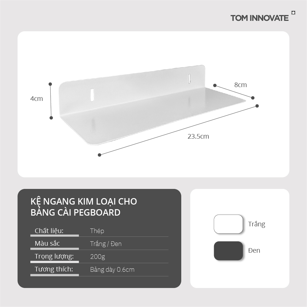 Kệ Ngang Kim Loại Trắng / Đen Trang Trí Tường - Bảng Cài Pegboard Treo Tường - Tom Innovate