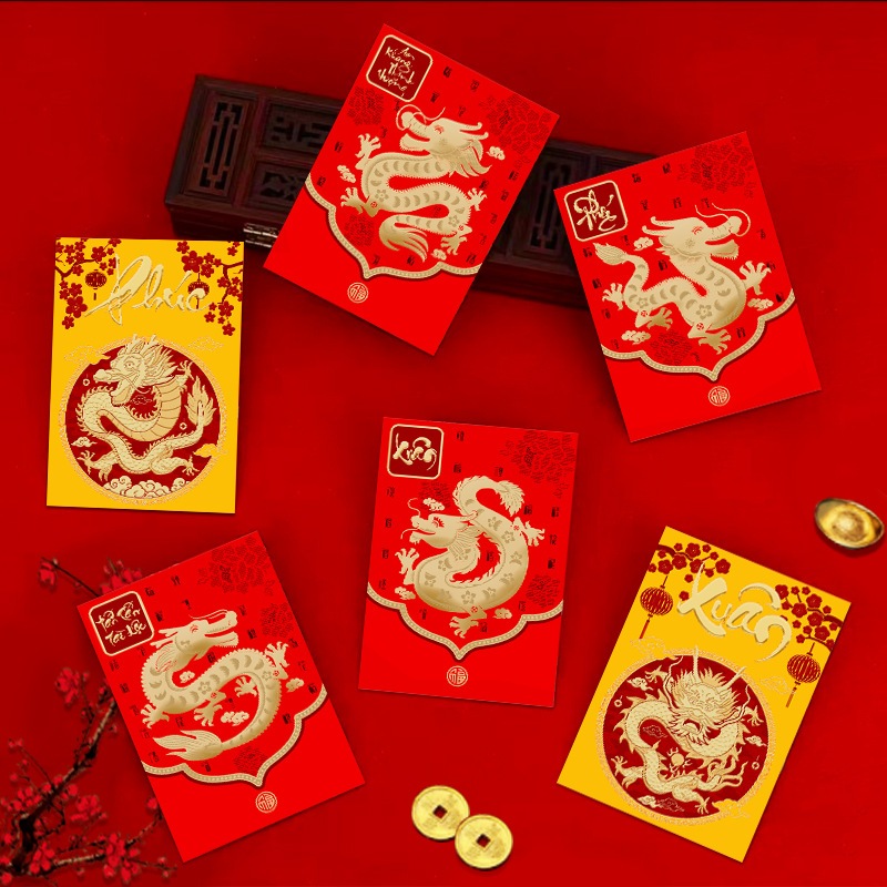 Combo Xấp 6 Bao Lì Xì Đỏ, Vàng, Bao lì xì 2024 phong bì đỏ, vàng 6 chiếc 1 gói