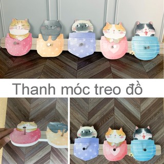Thanh móc treo quần áo chìa khóa những chú mèo đáng yêu gỗ PVC gắn tường không cần khoan đục móc treo nhà tắm, nhà bếp