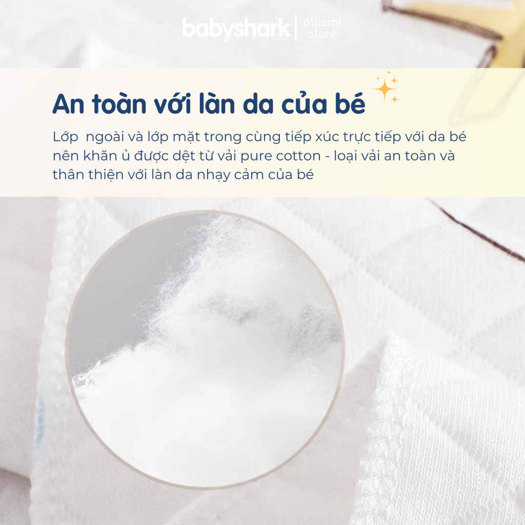 Khăn quấn cho bé sơ sinh Babyshark 3 lớp chần bông phong cách Hàn Quốc mềm mại, giúp bé ngủ ngon thu đông 85x85cm