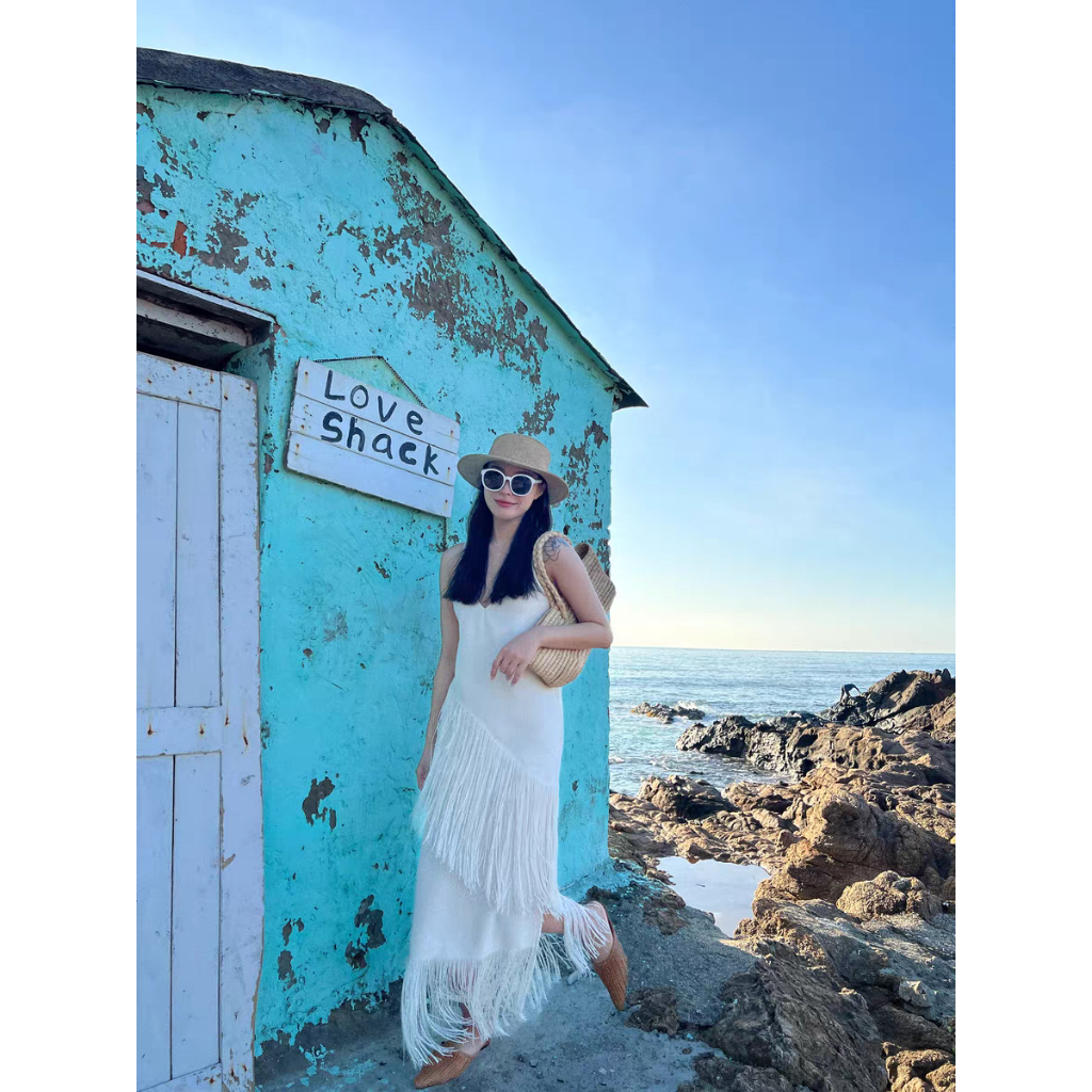 Váy maxi 2 dây màu trắng mix tua rua phong cách boho - MS221