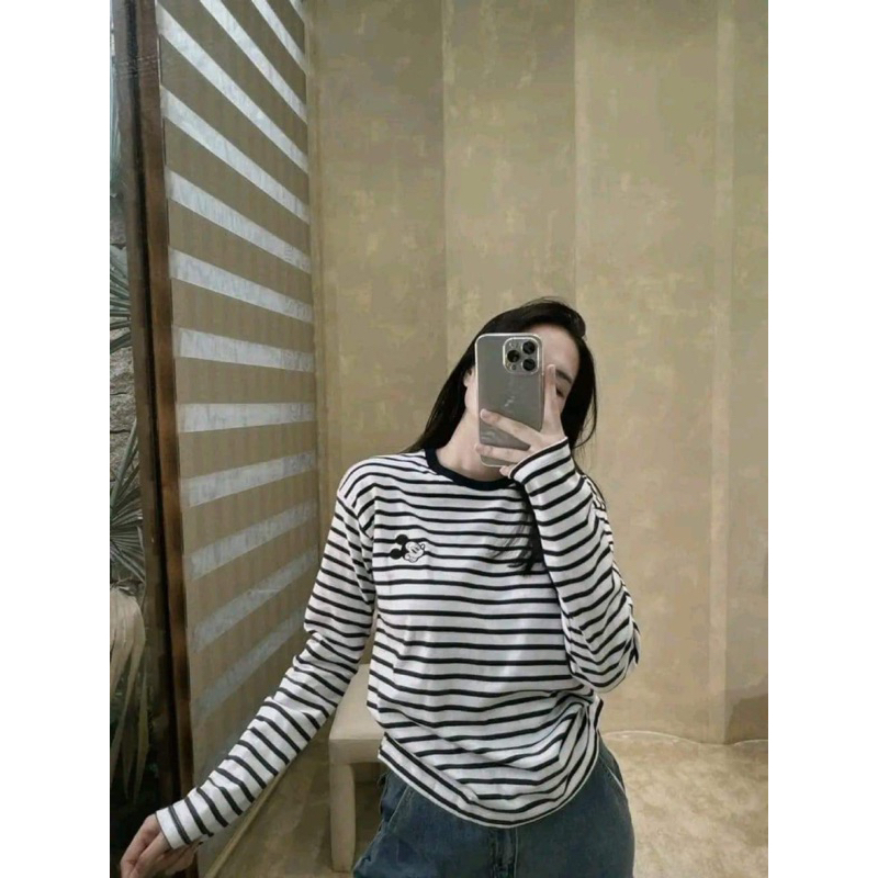 Áo Thun Dài Tay Thu Đông Cổ Tròn Thêu Hình Chuột Mickey, Áo Thun Bozip Gân Co Giãn 3 Màu Xám/Kẻ/Trắng Basic