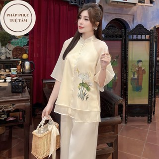 Bộ quần áo đi chùa Ngọc Liên chất liệu voan tơ 2 lớp, Đồ lam đi chùa dáng xòe tiểu thư thanh lịch
