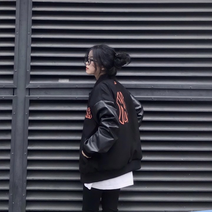 Áo varsity jacket MLB NY vải nỉ dày dặn phối tay da,Áo bomber nỉ form rộng nam nữ phong cách