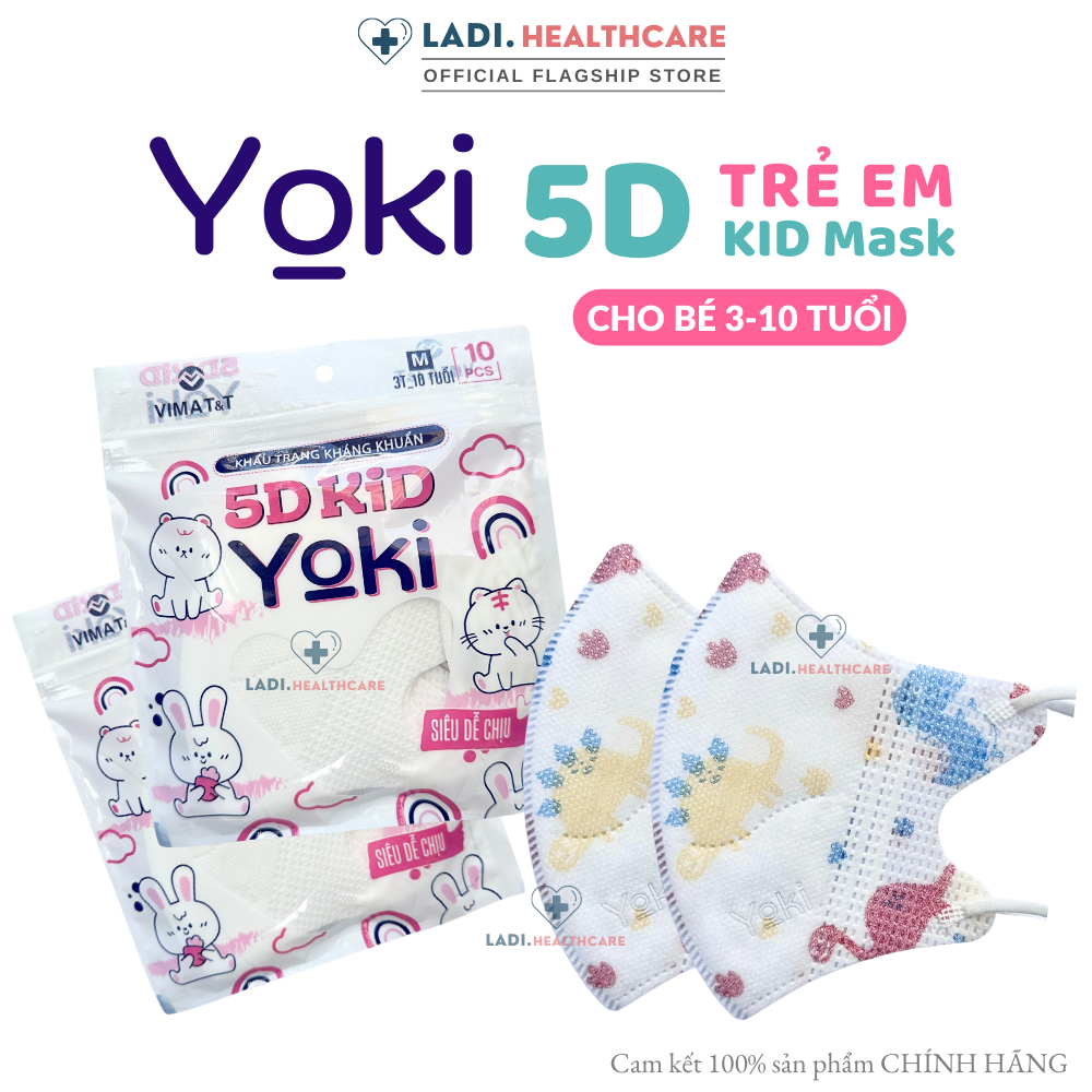 Khẩu trang 5D YOKI KIDS dành cho trẻ 3 đến 10 tuổi 4 lớp kháng khuẩn dày