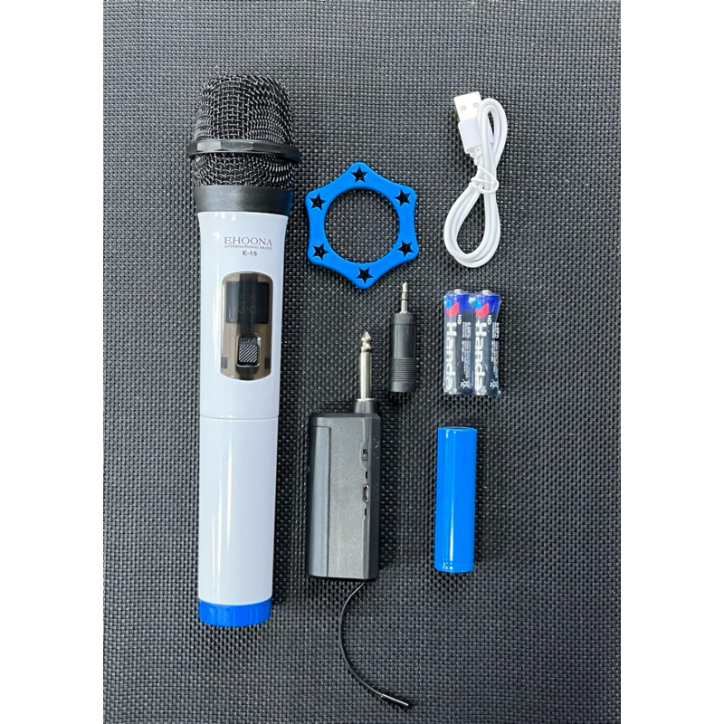 MICRO KHÔNG DÂY KARAOKE ĐA NĂNG EHOONA E-15 - có màn hình LCD, hỗ trợ jack 6.5mm và 3.5mm phù hợp với mọi loa karaoke.
